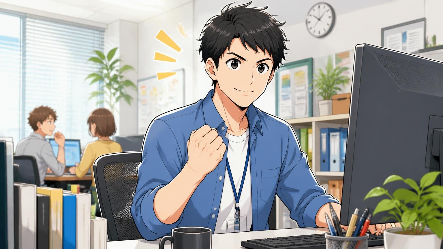 明るい朝のオフィスデスクで前を向いて作業を始める30代エンジニア1人・希望のある表情