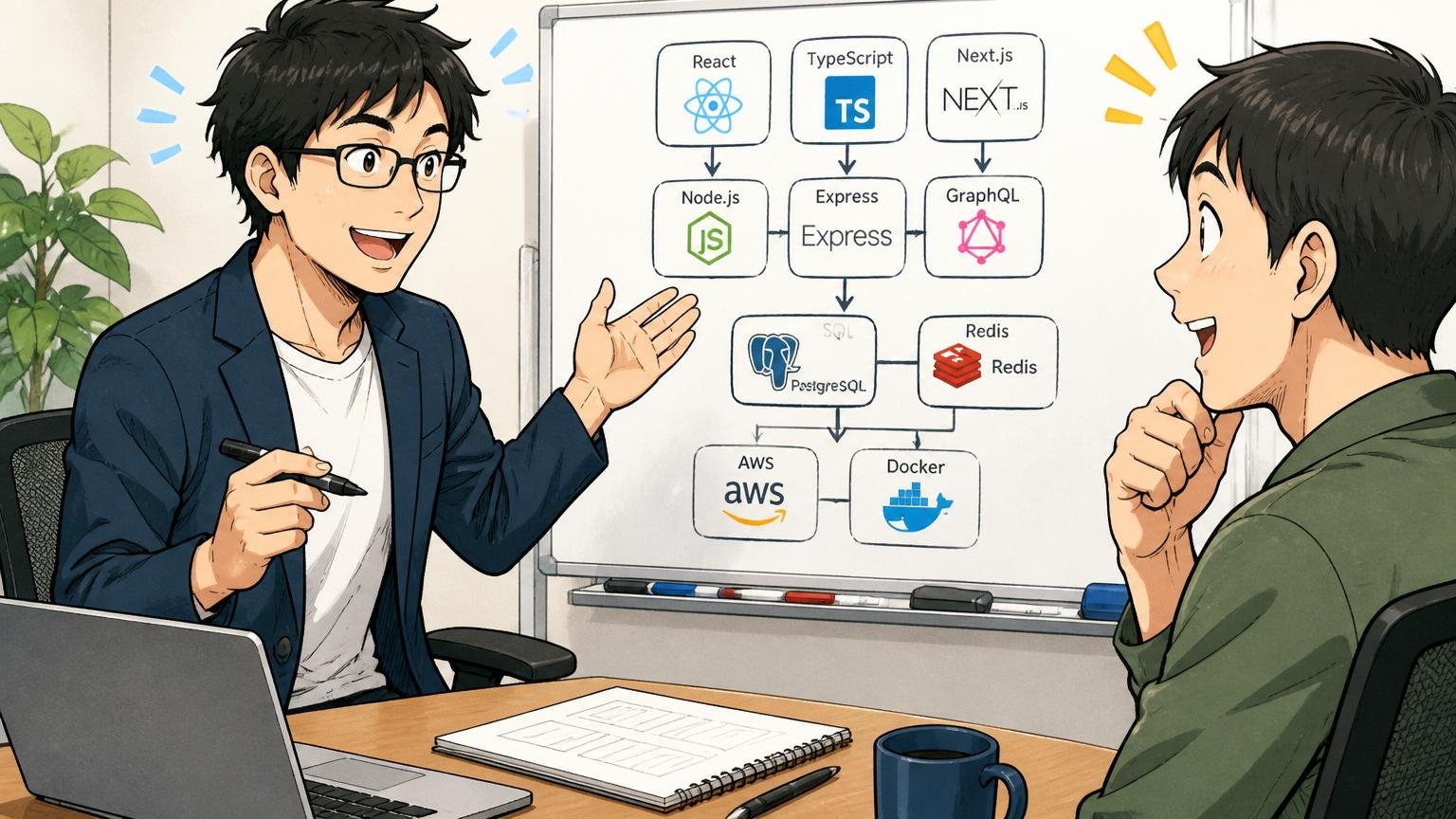 企業の会議室でエンジニア出身のキャリアアドバイザーが相談者に技術スタックを書き出して説明する場面、相談者は納得の表情