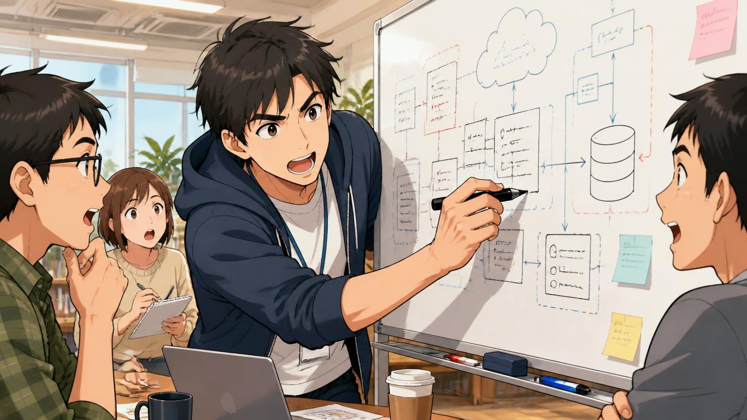 Web系スタートアップのオフィスでホワイトボードに新サービスのアーキテクチャを描く20代後半男性エンジニアが前のめりな表情