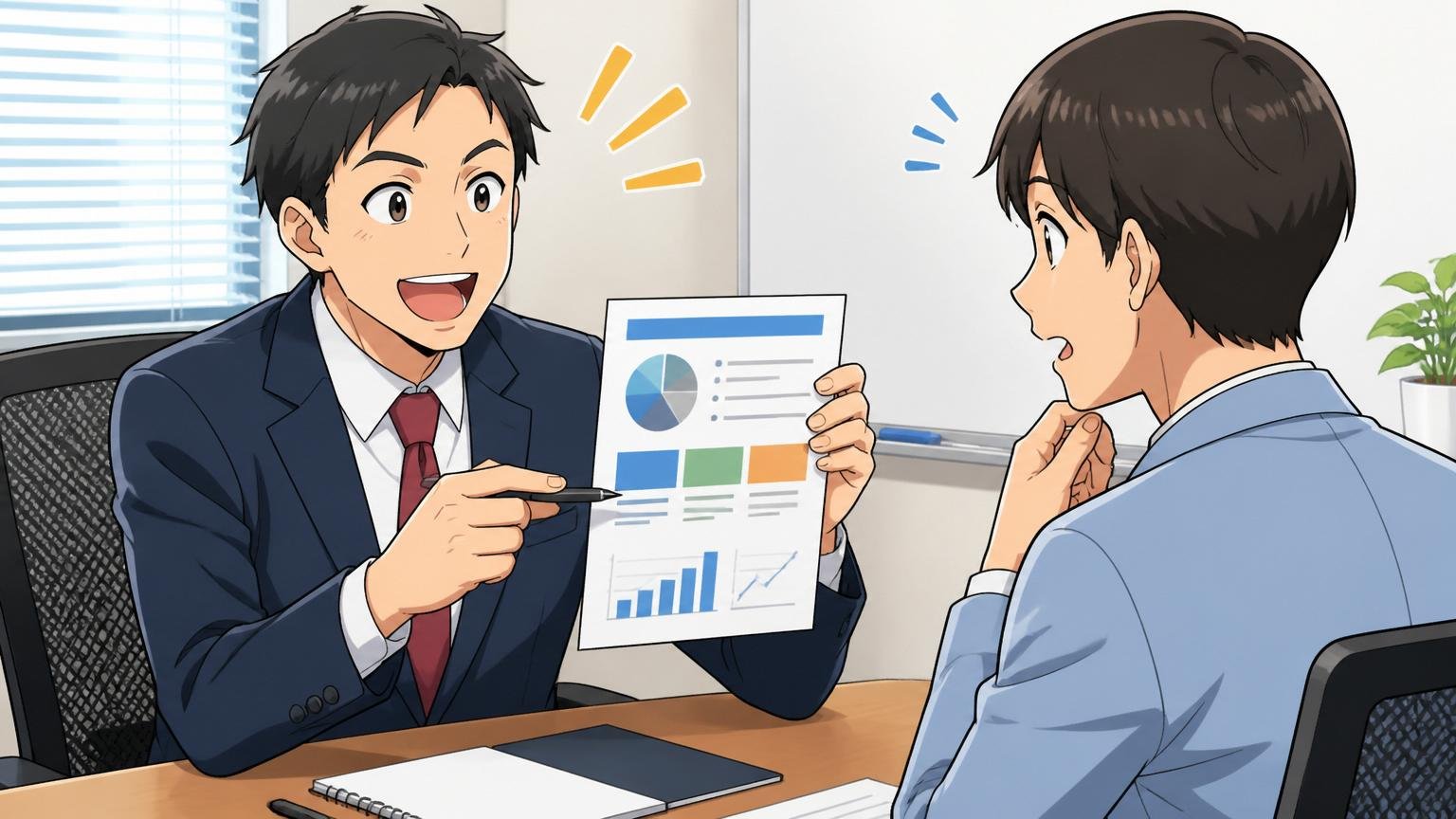 ステップ②コムチュアの配属事業領域を入社前に確認する。場所=企業の会議室で面接。登場人物=2人（エージェントと求職者）。動作=資料を見せながら丁寧に説明