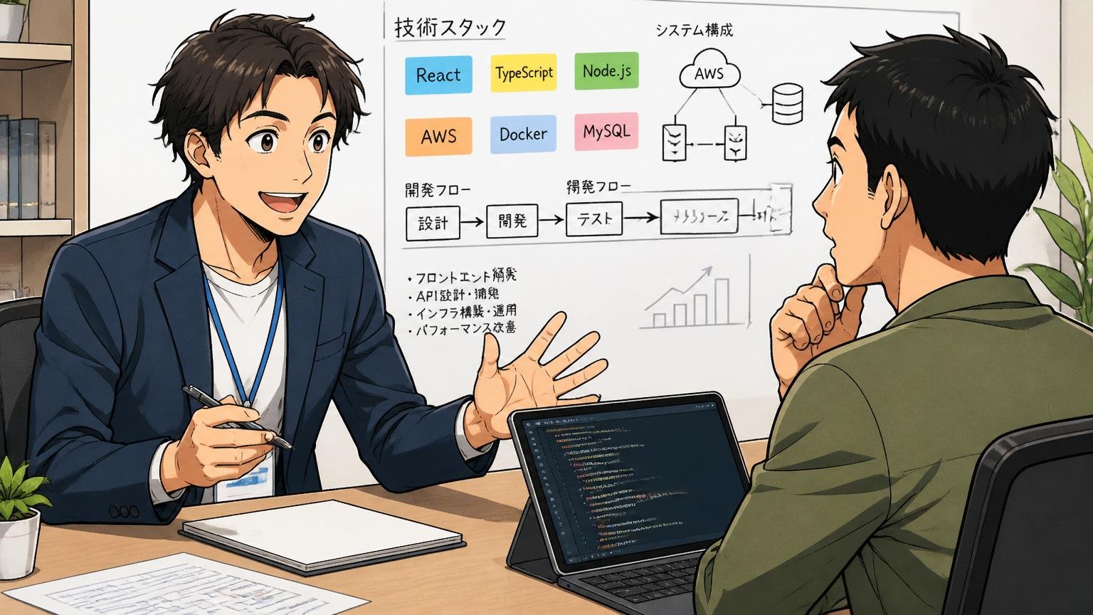 IT特化型エージェントの面談|エージェント会議室でIT専門のカウンセラーが技術スタックを丁寧にヒアリングする場面