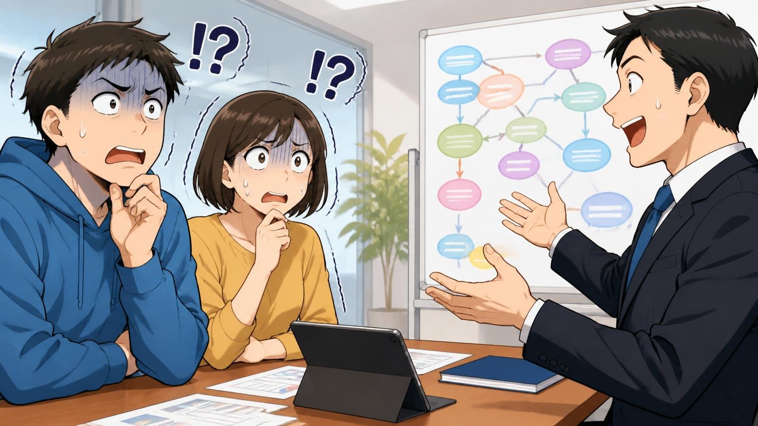 企業の打ち合わせスペースで総合型エージェント担当者の説明に困惑する転職検討者2人