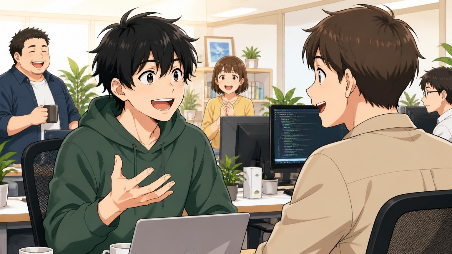Web系スタートアップのオフィスで新しい同僚と笑顔で会話する転職後のエンジニア1人、明るい雰囲気