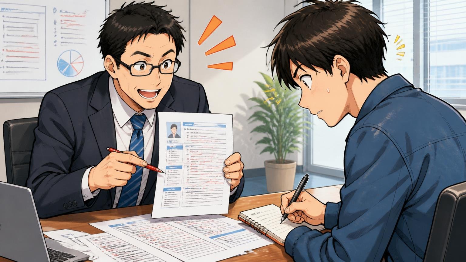 企業の会議室でキャリアアドバイザーから職務経歴書のブラッシュアップ指導を受けるエンジニアが熱心にメモをとる