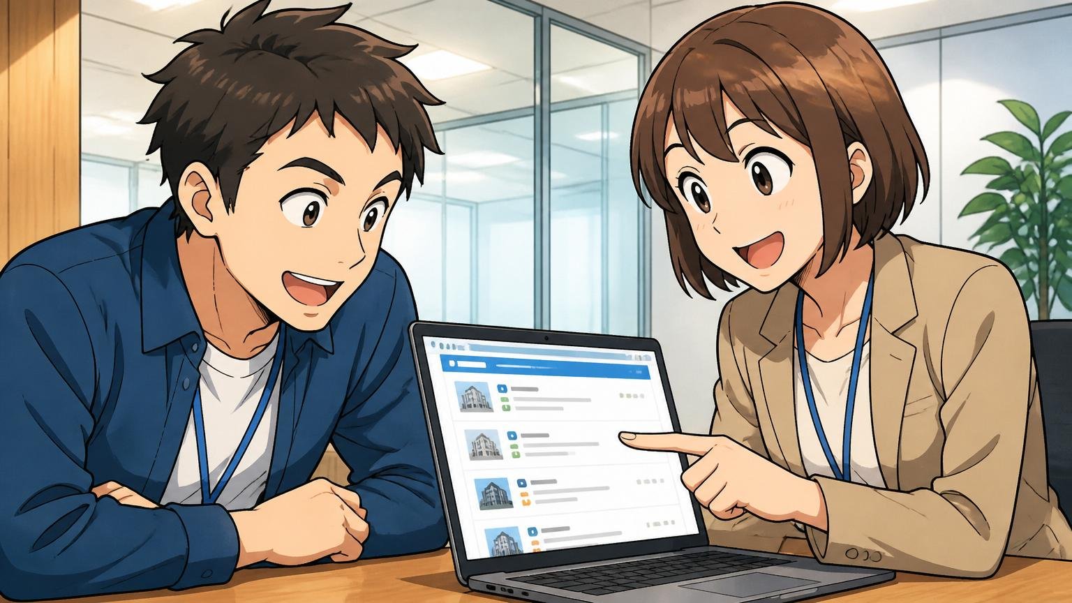 企業の打合せ席で求人ポータルの一覧画面を一緒に確認するエージェントとエンジニアの男女