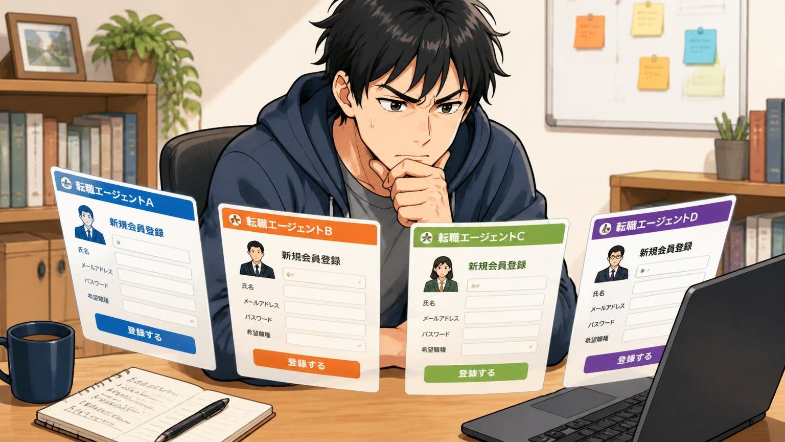 自宅のデスクで30代エンジニア1人が複数の転職エージェントの登録画面を比較する真剣な表情