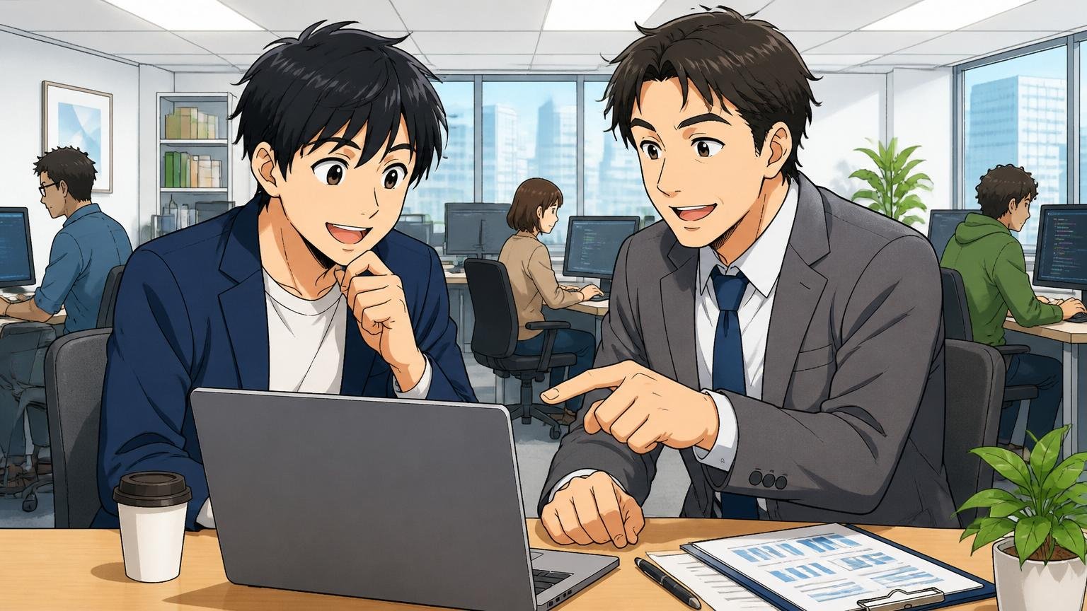 都心のITエージェントオフィスで担当アドバイザーとエンジニアが面談しPCを見ながら話す様子