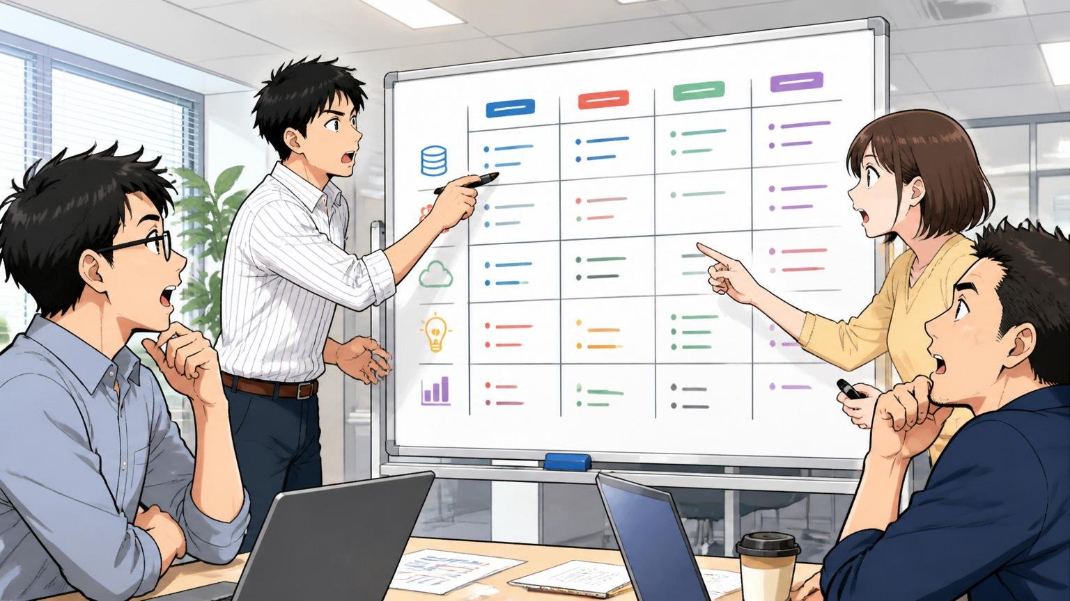 他の大手SIer（NTTデータ／富士通／NECなど）との違い／大手SIerのオフィス／中堅エンジニア4人／ホワイトボードに各社比較表を書いて議論