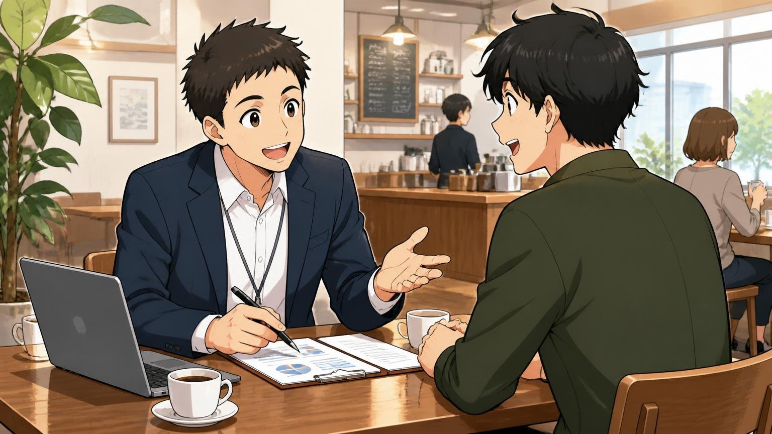 無料相談という選択肢｜カフェで男性キャリアアドバイザーと男性CEが面談する様子
