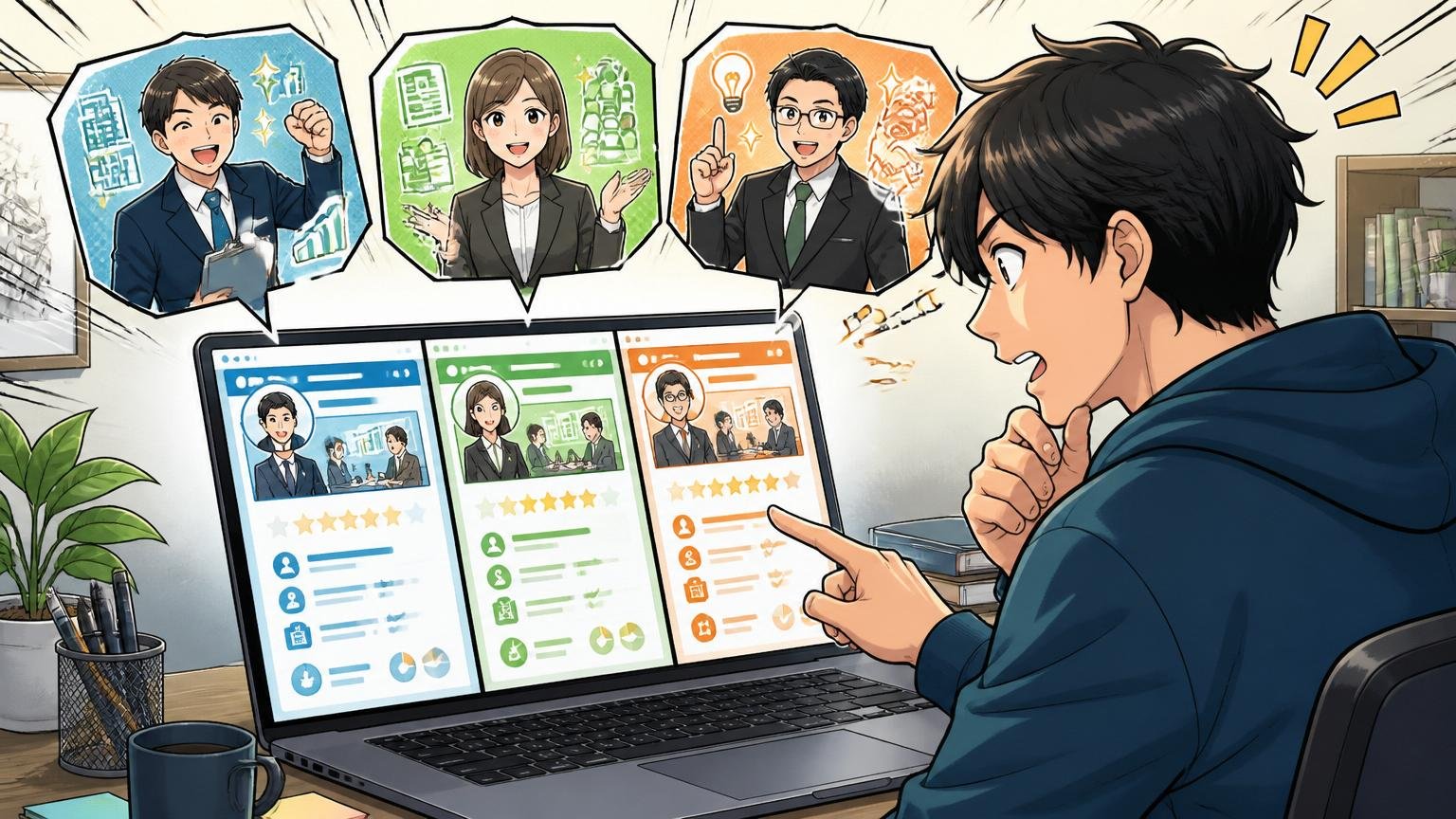 エージェントは1社じゃダメ。最低3社を比較する理由。自宅のデスクで男性エンジニア1名がノートPC画面に3社のエージェントサイトを並べて比較する場面