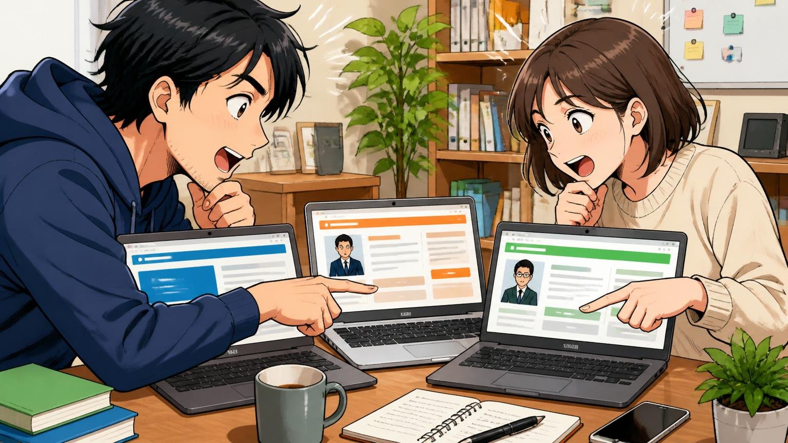 経験者向けIT専門転職エージェントおすすめTOP3／自宅のデスクで複数のエージェントサイトを比較する30代男女エンジニア2人