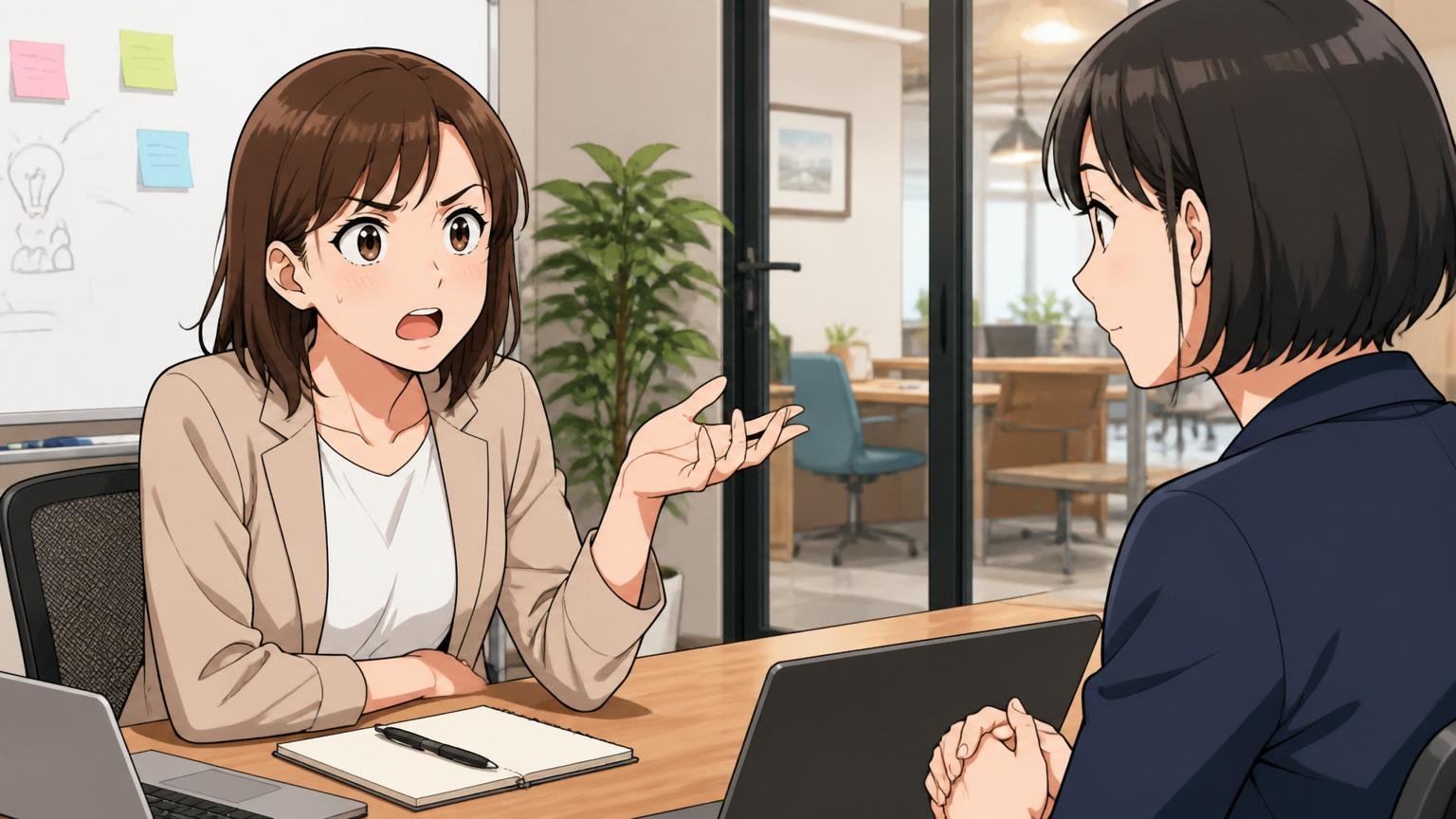 Web系スタートアップの会議室で合宿の参加義務感について率直に質問する30代女性候補者と答える人事担当者