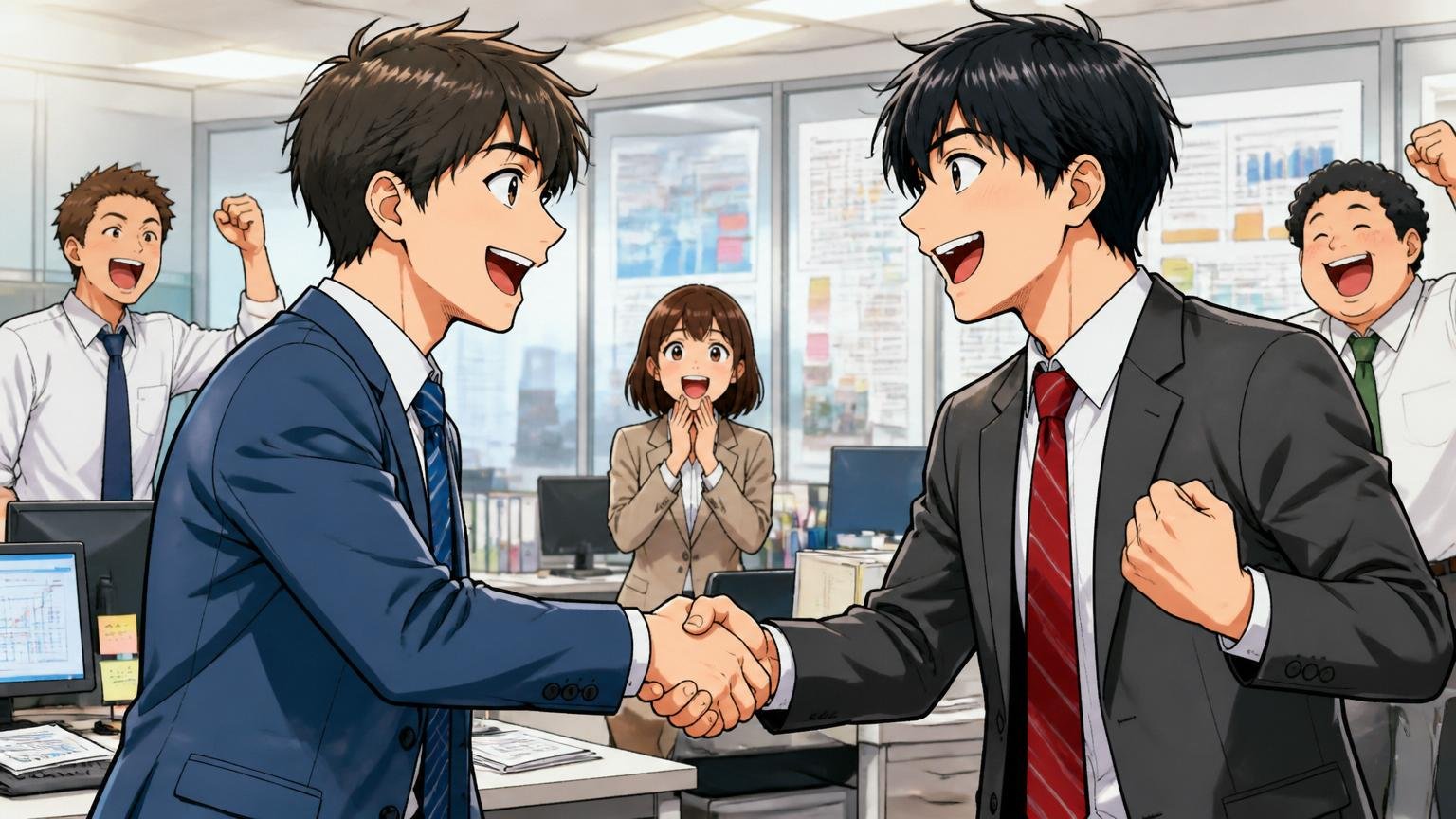 こんな人にとっては「合う」会社。広告代理店のオフィスで成果を出して笑顔の若手社員2人が握手する