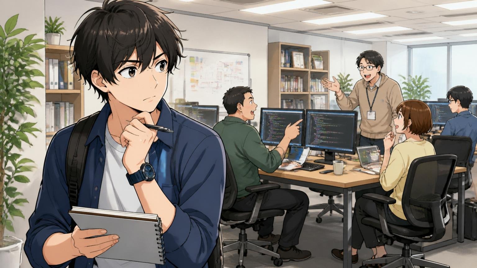 自社開発正解で飛びつかない企業選びの軸。Web系オフィス見学で冷静に観察する男性エンジニア