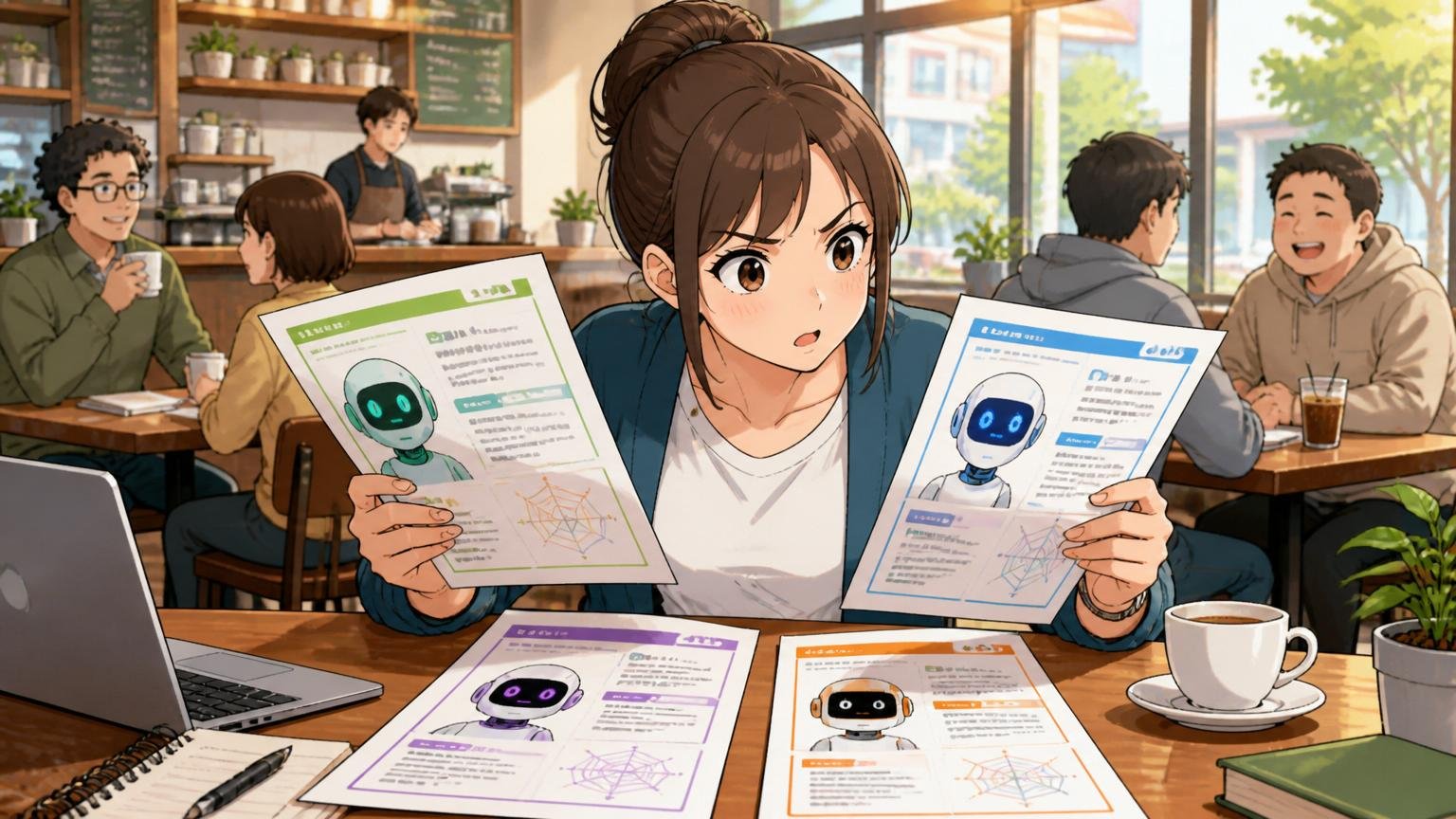 複数のIT特化型エージェントを比較して使う。カフェで女性エンジニアが複数の資料を見比べる