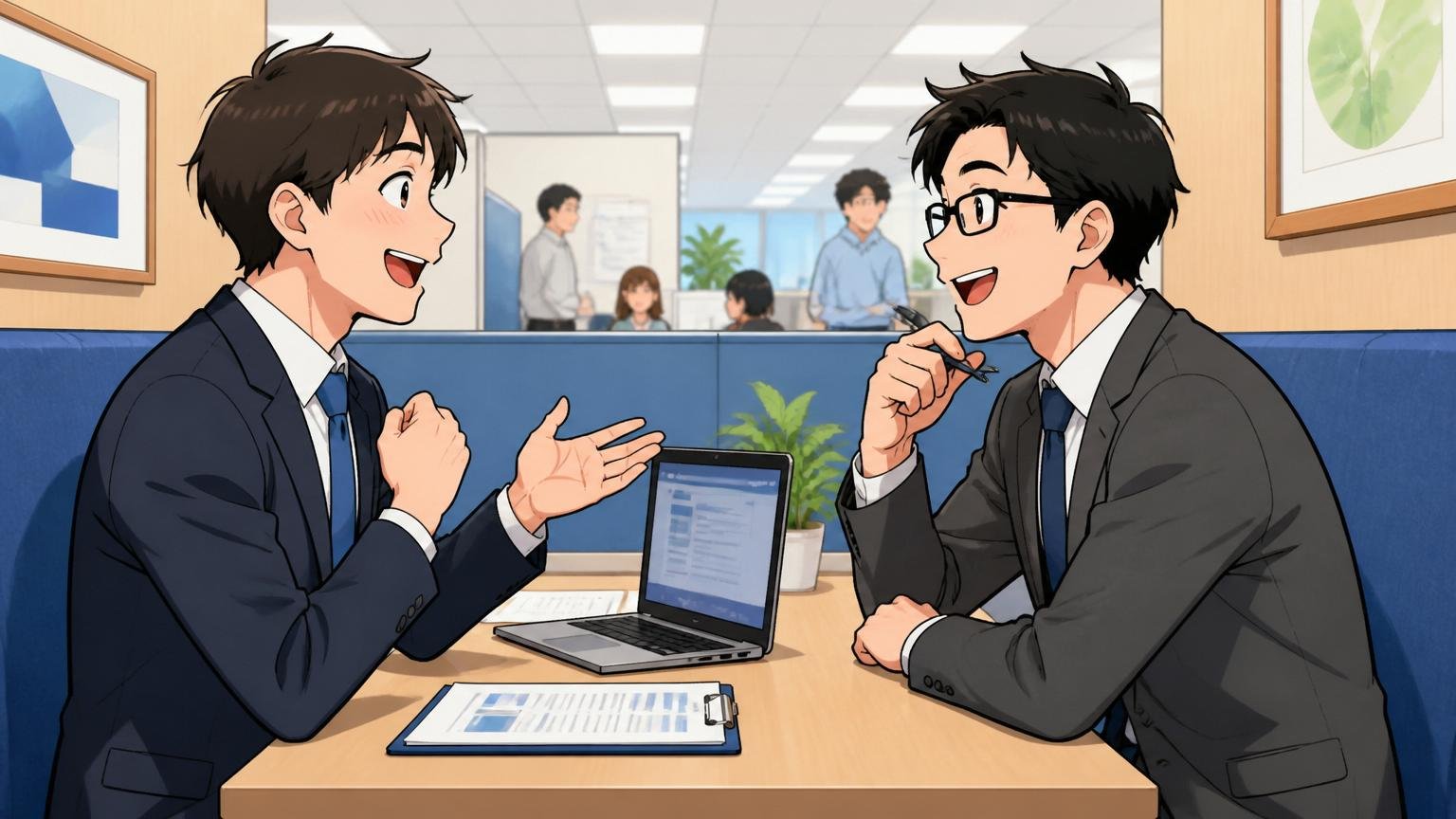 NTTで培った経験を正しく評価してくれるIT特化型エージェント。面談ブースで前向きに相談する社員2人