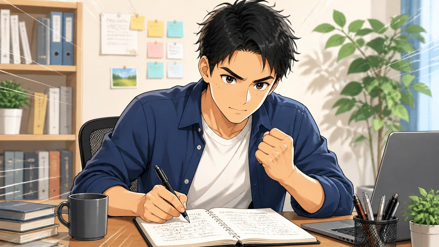 今日からできる後悔しない最初の一歩 自宅のデスクで転職準備のメモを書く30代男性 決意の表情