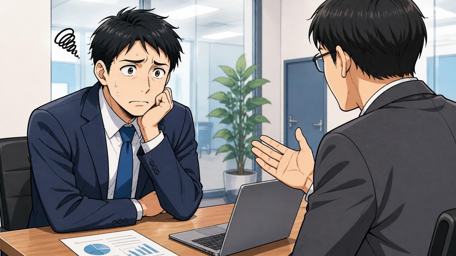 失敗③:転職エージェントを1社にだけ丸投げ。企業の打ち合わせスペースで30代男性が1人のエージェントに依存する不安げな表情