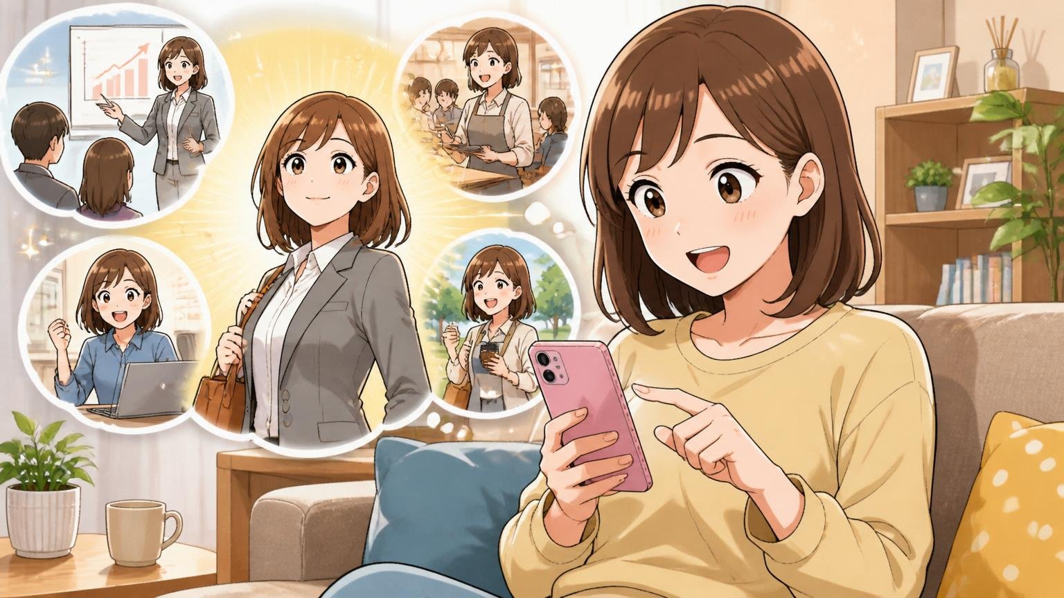 自宅のソファでスマホを操作しながら転職エージェントに無料相談を申し込んでいる30代女性1人