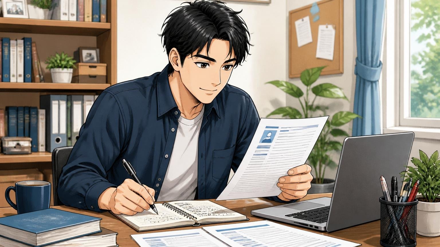 自宅のデスクで職務経歴書を整理しながらメモを書く30代男性エンジニア1人、落ち着いた前向きな表情