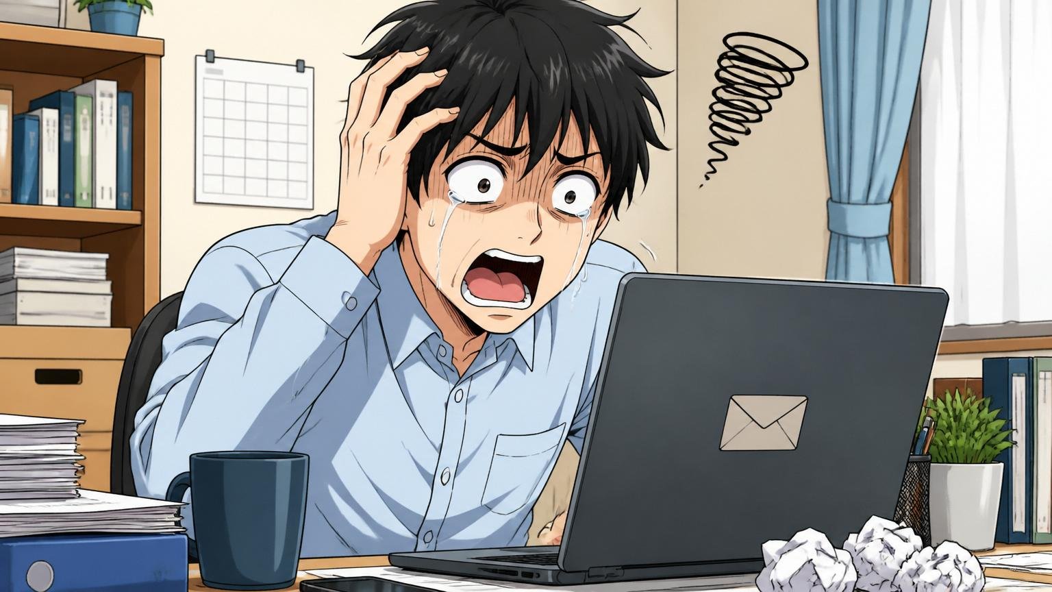 自宅のデスクで在宅勤務しながらWeb系企業の不採用通知メールを開く元日立システムズ社員