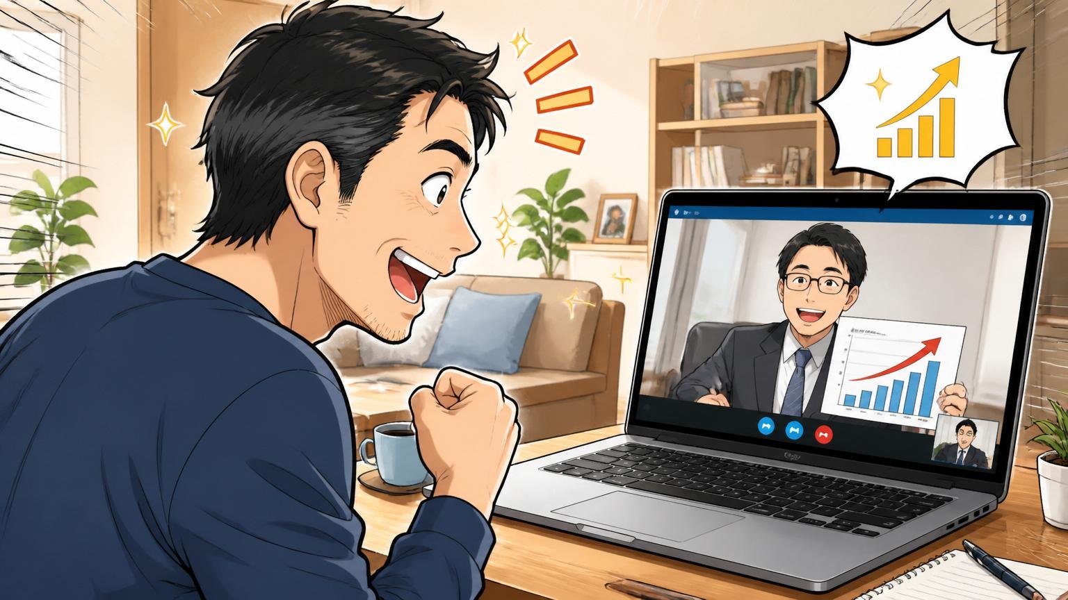 東京の自宅リビングでオンライン面談を通じて市場価値を確認する40代男性エンジニア1人