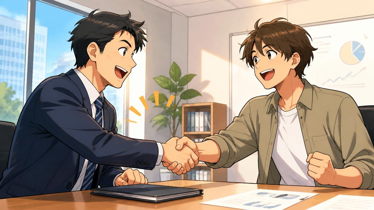 あなたのキャリアの次の一歩は無料相談から始められる。企業の会議室で面談、キャリアアドバイザー1人とエンジニア1人が握手、新しいスタートの表情