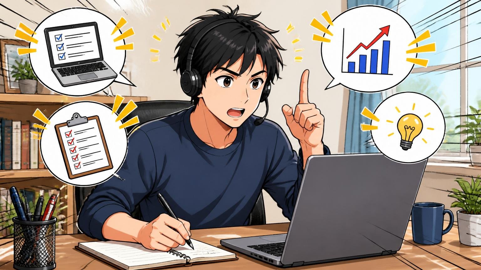 無料相談だけで判断材料が揃うことを示すエンジニア、自宅のデスクで在宅勤務、1人、メモをとりながら相談する真剣な表情