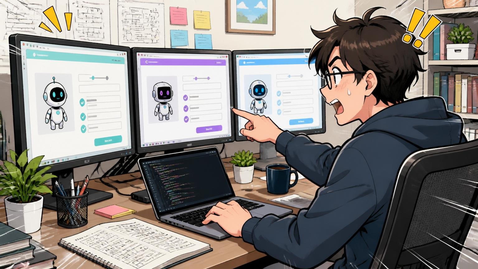 自宅のデスクで複数のエージェント登録画面を開いて比較する30代エンジニアの様子