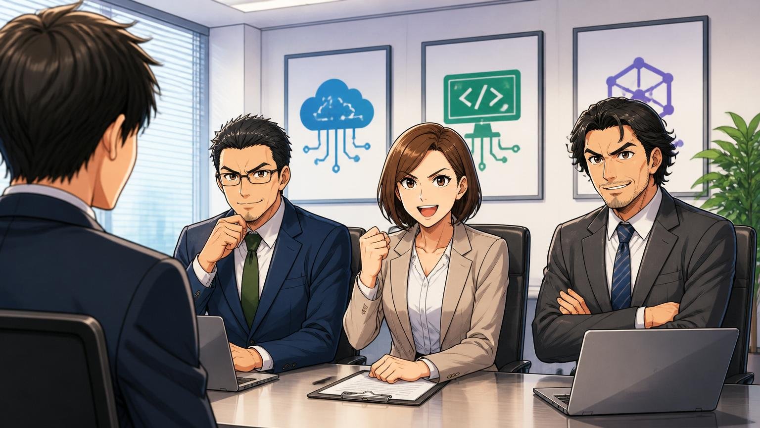 企業の会議室で面接 IT特化型エージェント3社のロゴマーク代わりにそれぞれのアドバイザーが頼もしく並ぶ場面