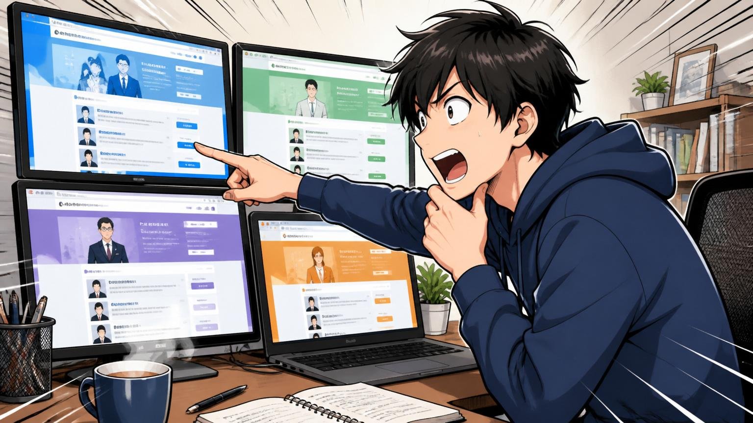 自宅のデスクで複数の転職エージェントサイトを同時にブラウザで開いて比較するエンジニア