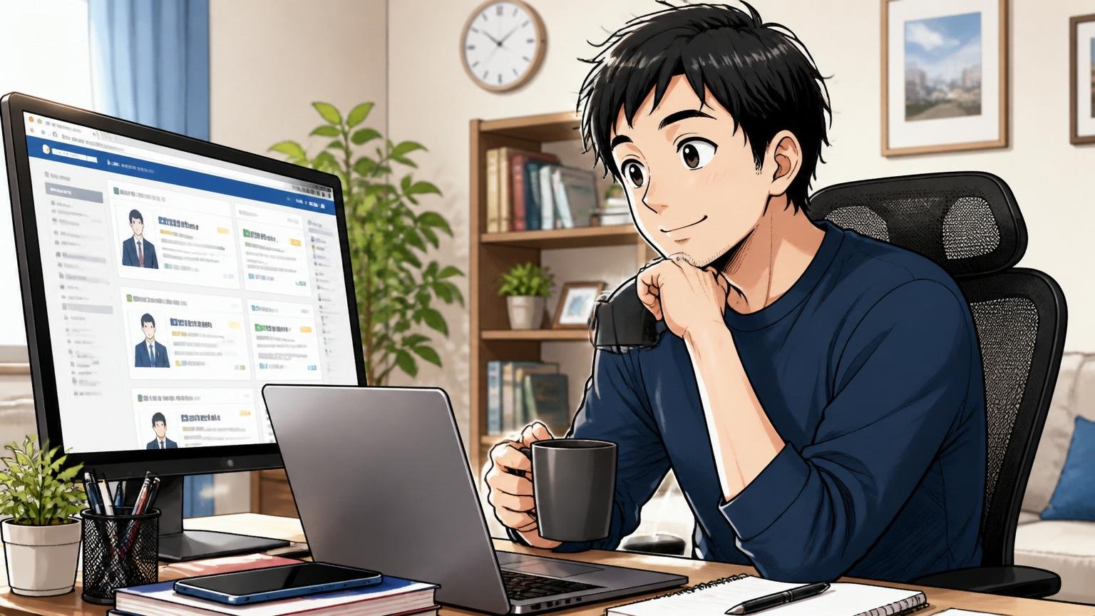 自宅のデスクで転職サイトを眺める30代前半のエンジニア1人がリラックスした表情で情報を集めている