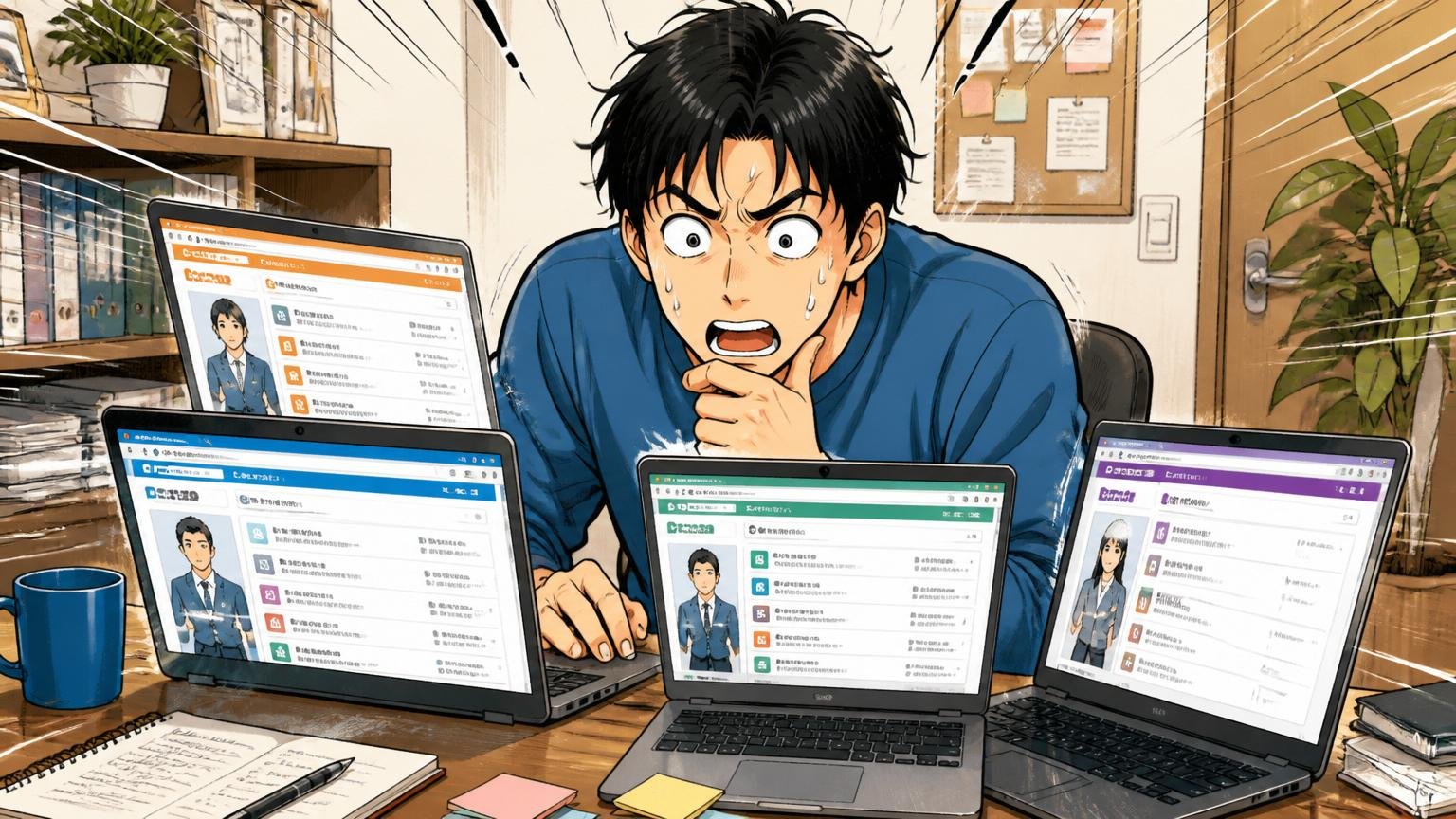 自宅のデスクで複数の転職エージェントサイトを開いて比較する中堅エンジニア