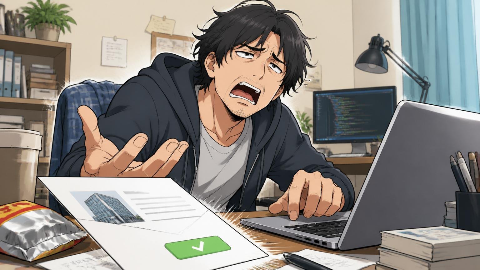 感情のままにキャリアダウンの転職を決める／自宅のデスクで在宅勤務／30代エンジニア1名／投げやりに転職オファーを承諾しかける場面