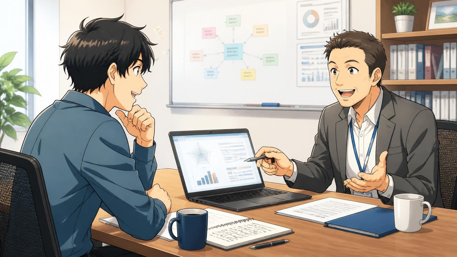 今月中にやるべきこと第三者の目線を得るためにまず相談から始めよう。企業の会議室でキャリアアドバイザーと面談する30代男性エンジニア1人