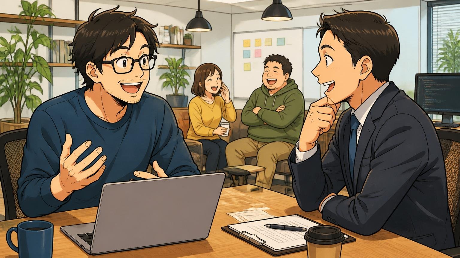 Web系スタートアップの落ち着いた打ち合わせスペースで、30代男性エンジニアがエージェント担当者と笑顔で相談している場面