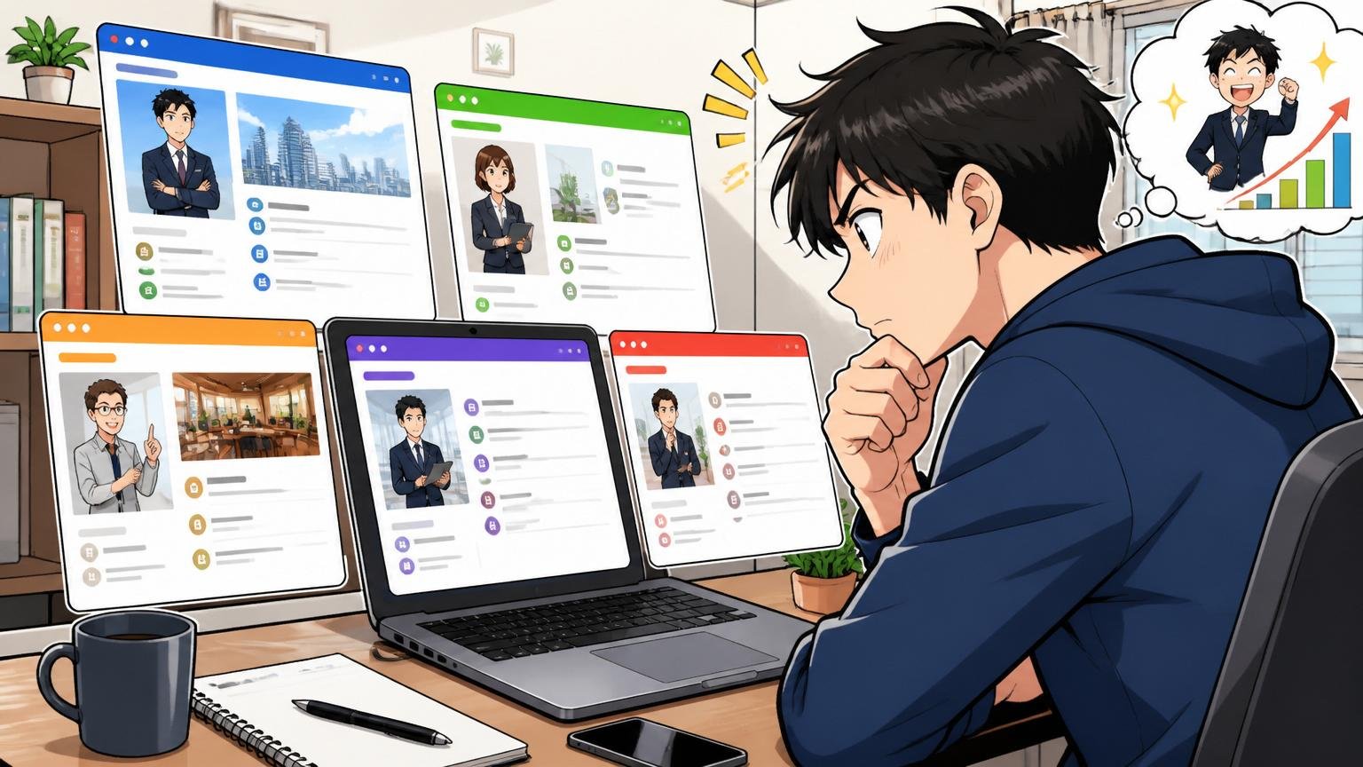 自宅のデスクで在宅勤務のエンジニア1人がノートPCに複数の転職エージェントのページを並べて比較する