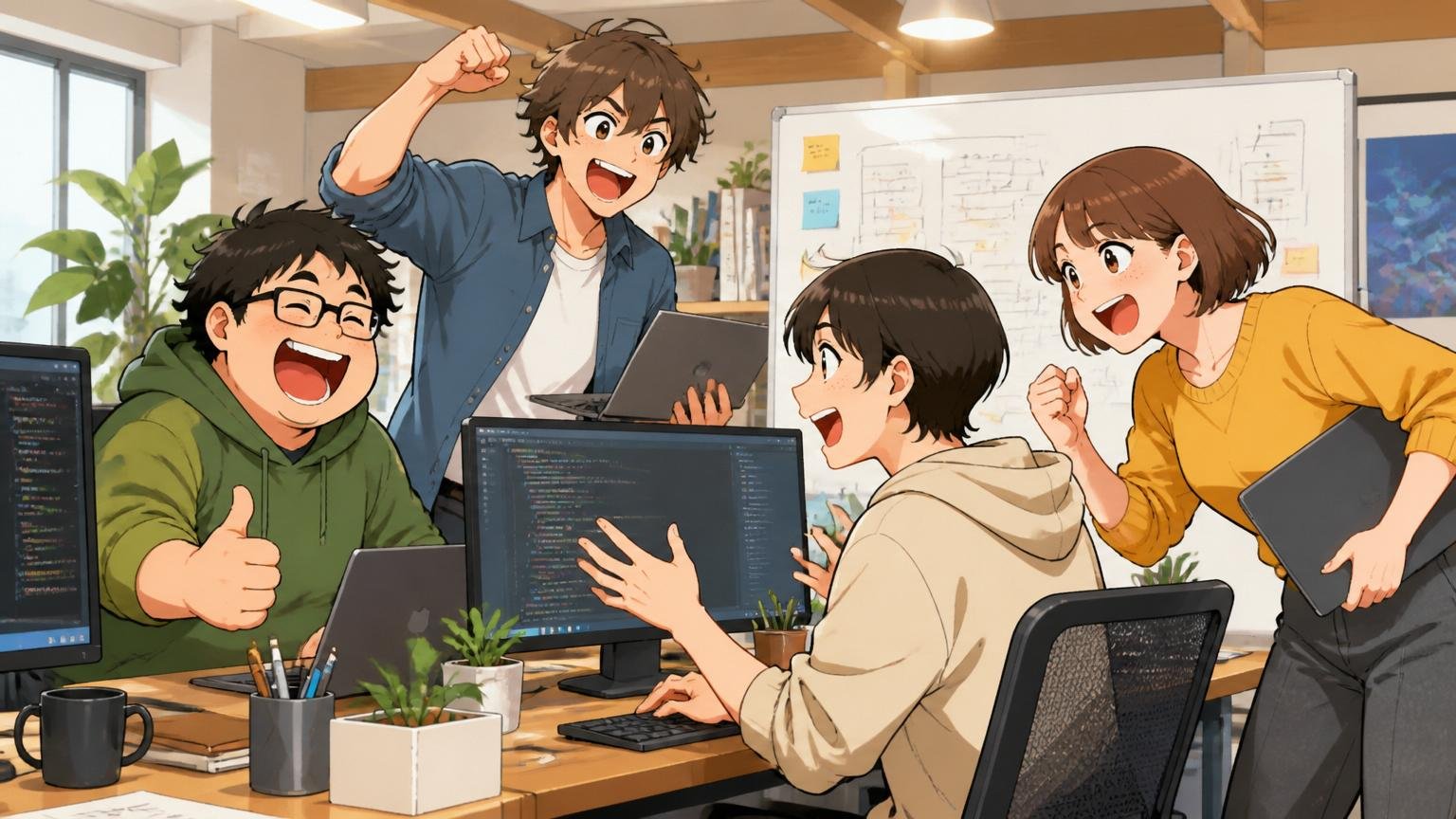 自社開発・受託開発という選択 Web系スタートアップのオフィスでカジュアルに働くエンジニア4人 活気のある雰囲気