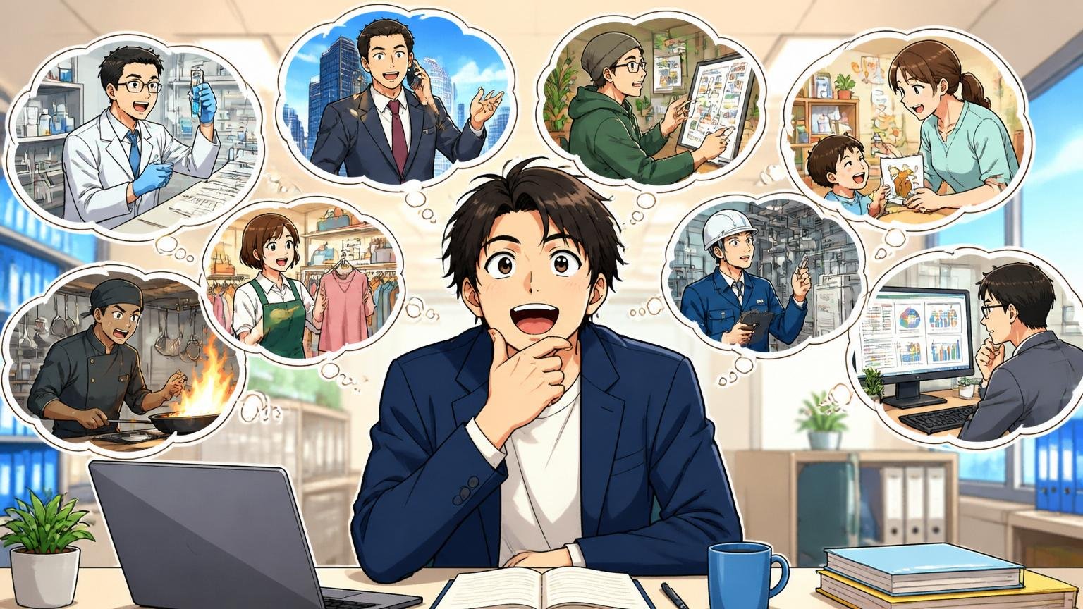 ゲーム業界以外の検討を、オフィスで30代男性が広い視野で求人を眺める場面