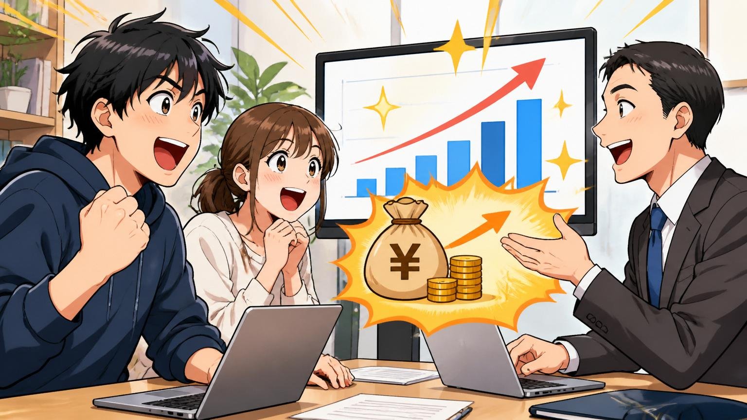 IT特化型エージェントと面談し年収アップの提案に喜ぶ男女エンジニア2人