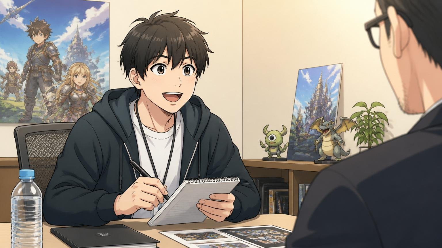 カジュアル面談での質問。中堅ゲーム会社の応接室で面接官にメモを取りながら質問する男性エンジニア1人