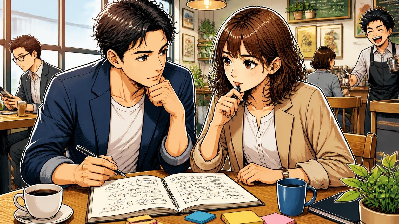 観点3 キャリア軸と会社のフェーズ|カフェでキャリアプランをノートに書く30代男女2人、未来を考える表情