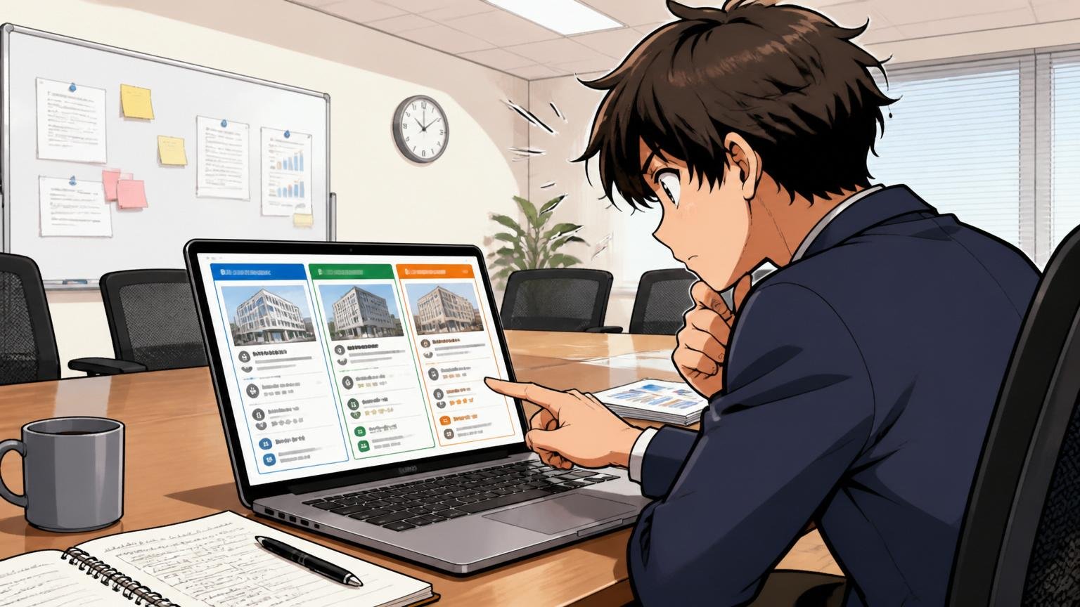 企業の会議室で転職希望者1人がノートPCで複数社の求人を並べて比較している様子