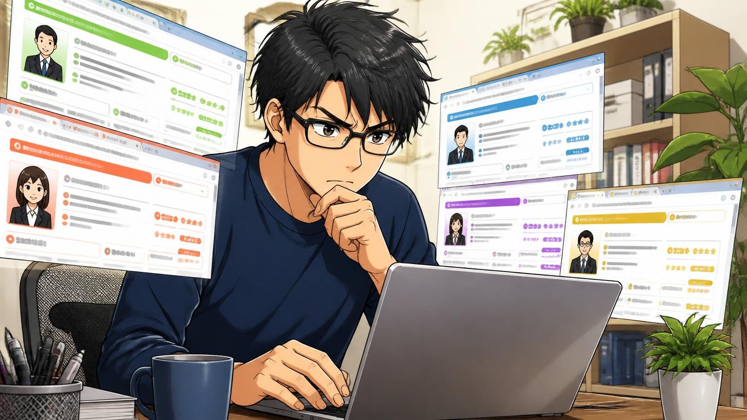 STEP3：複数のIT特化型エージェントに登録して比較する、自宅のデスクで在宅勤務する30代男性エンジニア1人、複数の転職エージェントのサイトをタブで開いて比較している集中した表情