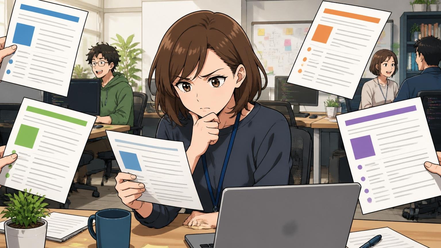 1社だけ調べるのは危険:複数社比較の重要性。Web系スタートアップのオフィスで30代女性エンジニア1人が、複数の求人票を比較しながら考え込む表情