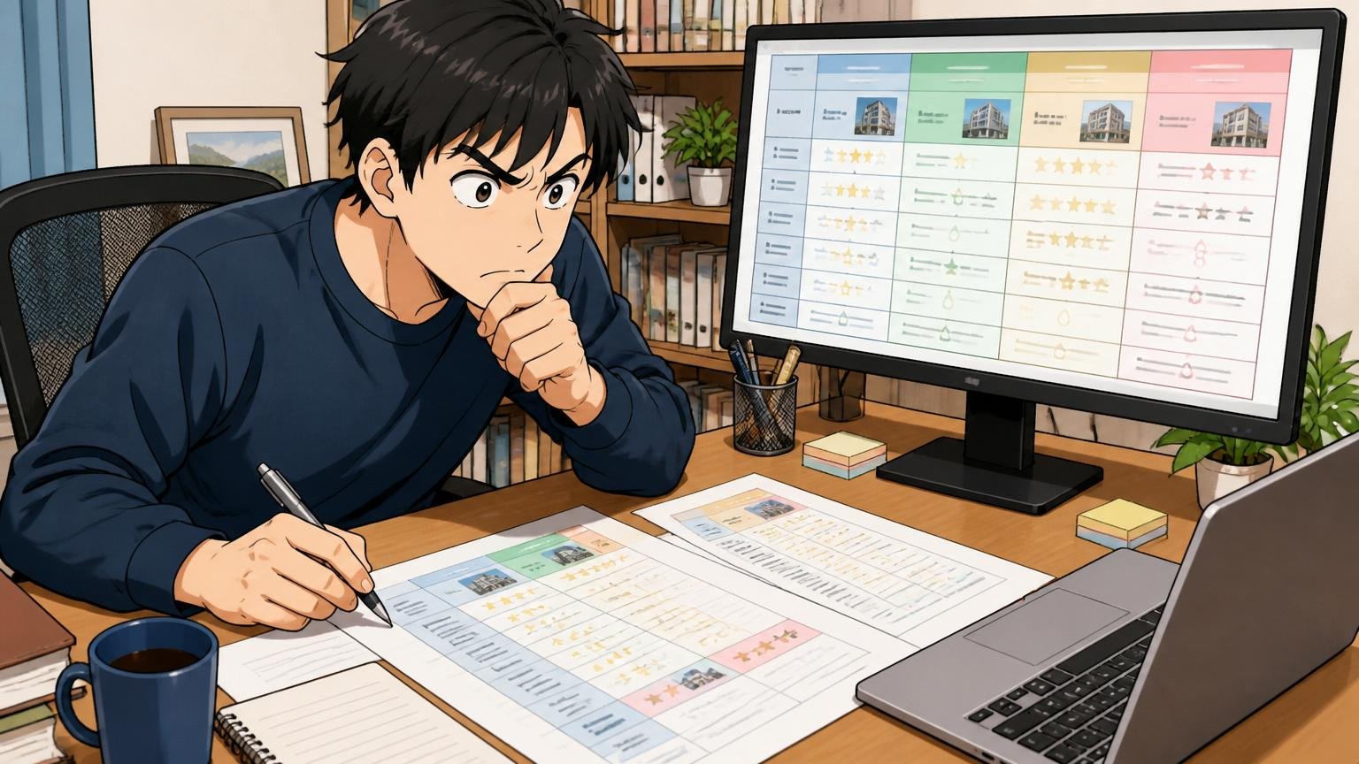 自宅のデスクで複数社の求人票をスプレッドシートに並べて4軸で比較する30代エンジニア1人
