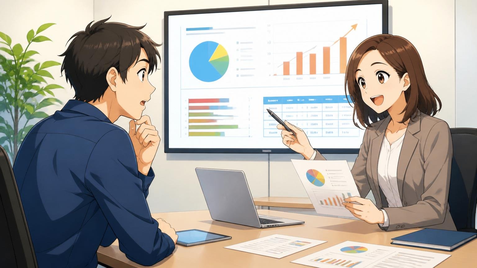 IT特化型の転職エージェントで相談してみるシーンで、企業のカジュアル面談スペースで30代女性キャリアアドバイザーと30代男性エンジニアが和やかにキャリアの話をしている