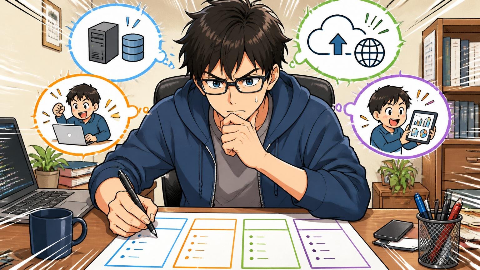 自宅のデスクで4つの選択肢を紙に書き出して比較検討する30代男性エンジニア