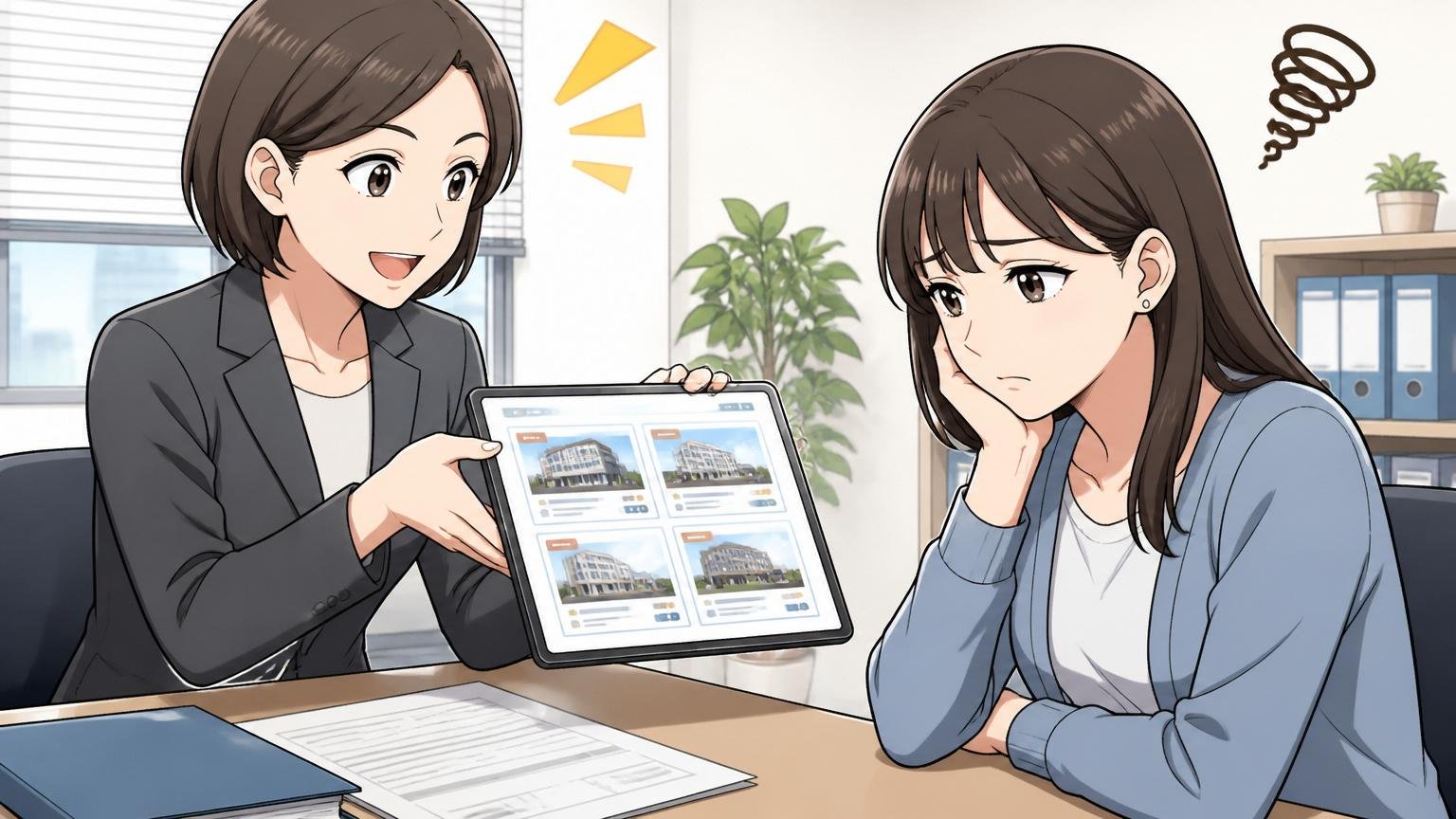 企業のオフィスで一人のエージェント担当者から限られた求人だけを紹介され物足りない表情の30代女性求職者1人