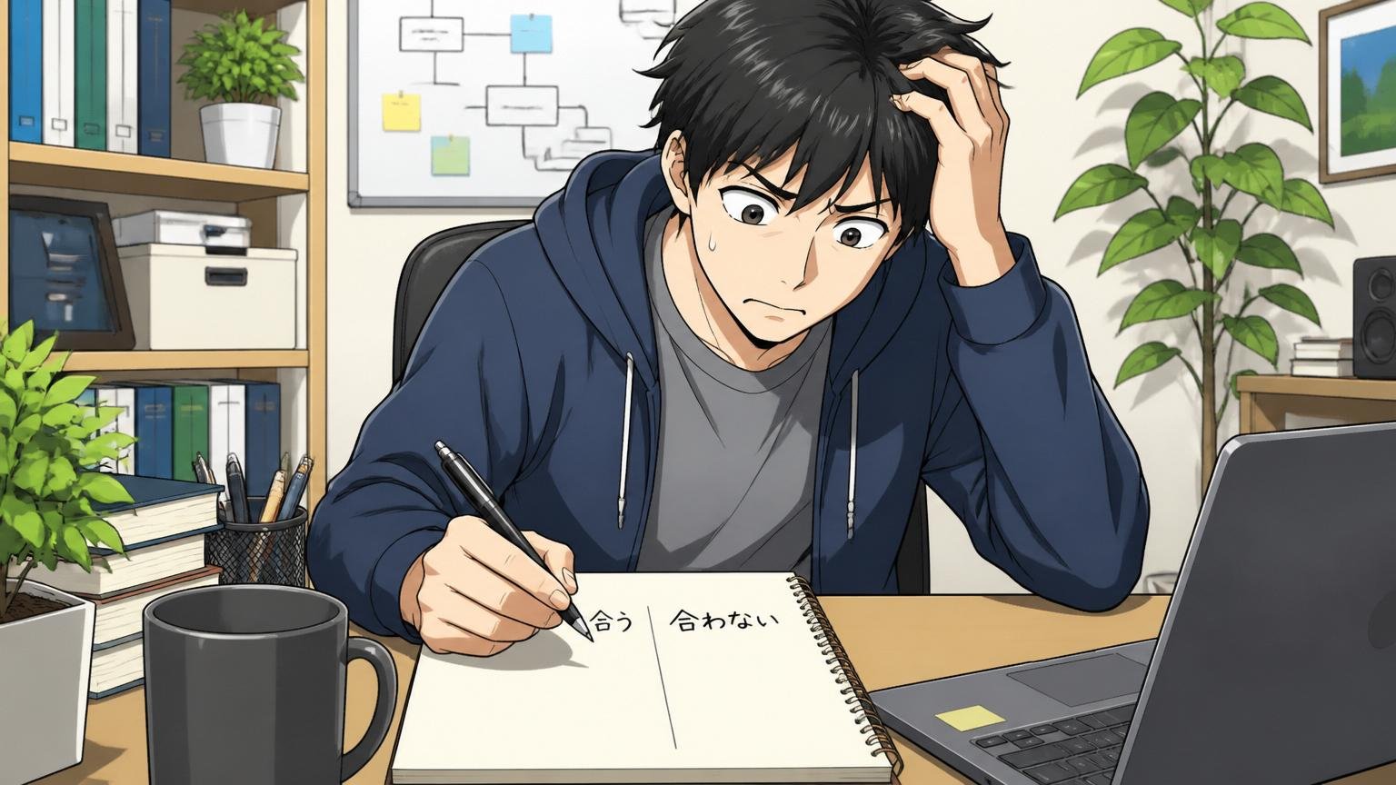自宅のデスクで在宅勤務中の30代男性エンジニアが1人でノートに「合うか合わないか」と書き出して悩んでいる